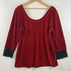 Vintage Deb Womens Velvet Lace Trim Top Red Whimsigoth Vampy Y2K Holiday Stretch